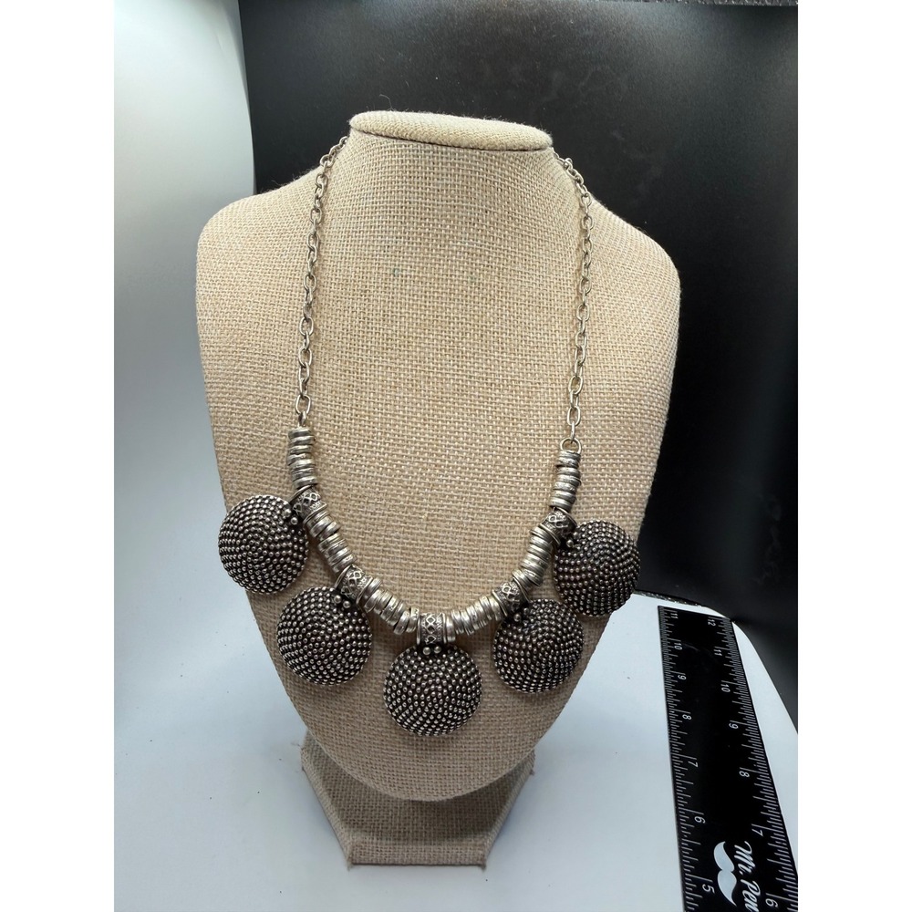 Vintage Tribal Style Silver Tone Statement Necklace Textured Dome Pendants 18"
